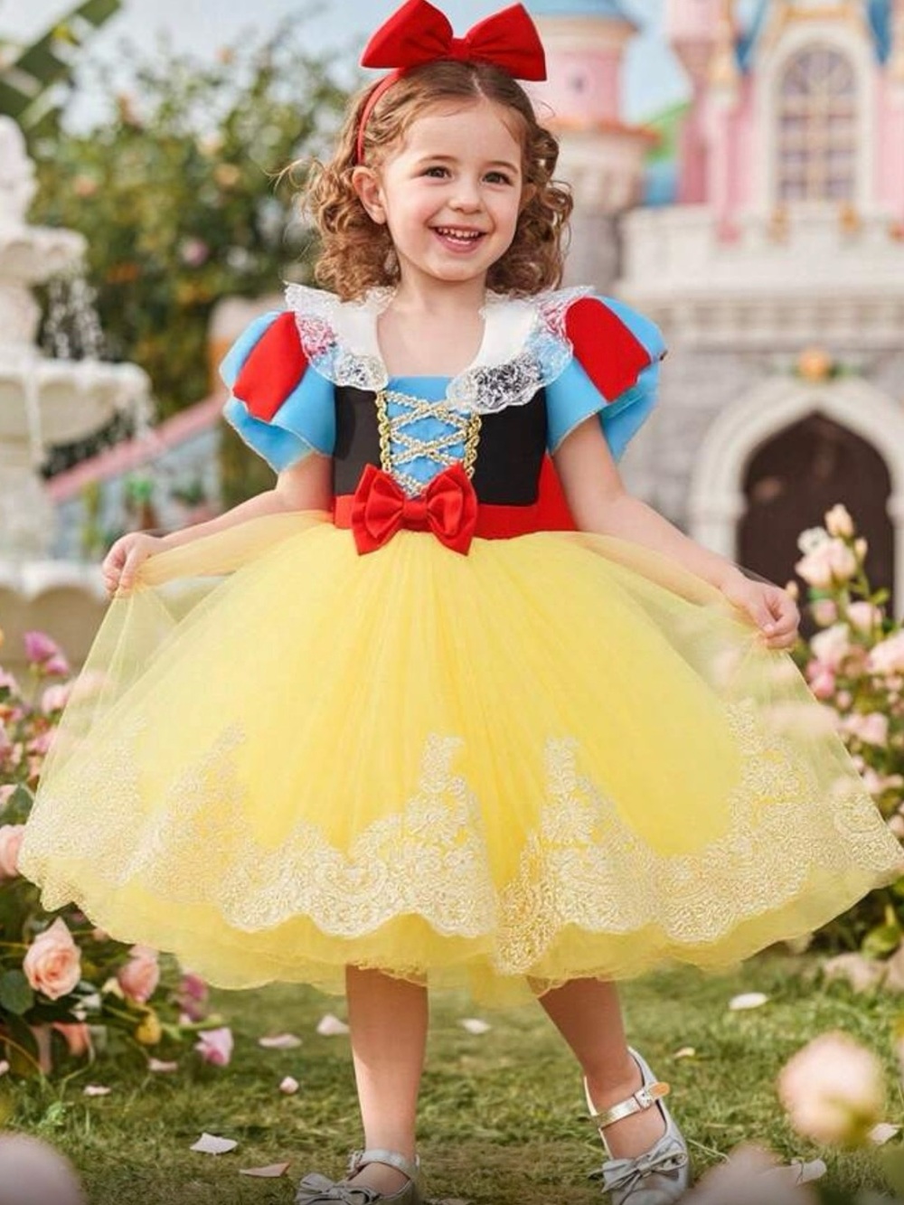 Classic Yellow Snow Princess Costume Dress with Red Bow (Headband not included).